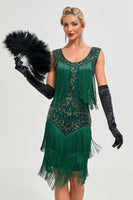 Load image into Gallery viewer, Queendancer Women 1920s Gatsby Dress Dark Green Scoop Neck Vintage Dress with Fringes