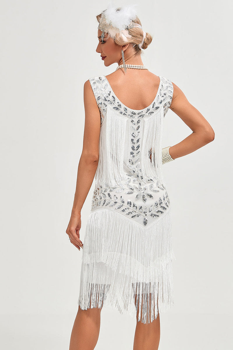 white gatsby dress Queendancer Women 1920s Gatsby Dress Champagne Round Neck Vintage Dress with Fringes Tea Length Sleeves 1920s Evening Gown – queendancer