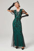 Load image into Gallery viewer, V Neck Dark Green Sequins Long Formal Dress with Short Sleeves