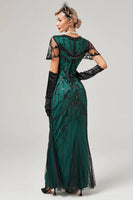 Load image into Gallery viewer, V Neck Dark Green Sequins Long Formal Dress with Short Sleeves