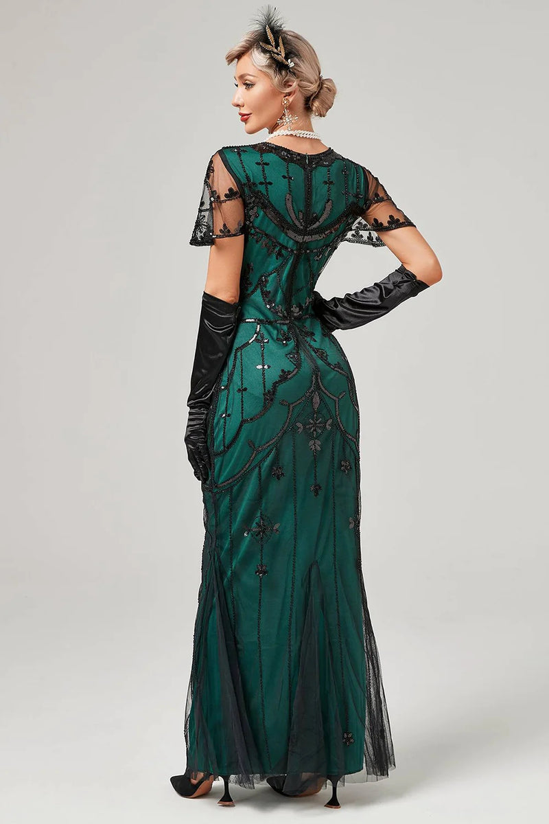 Load image into Gallery viewer, V Neck Black Sequins Long Formal Dress with Short Sleeves