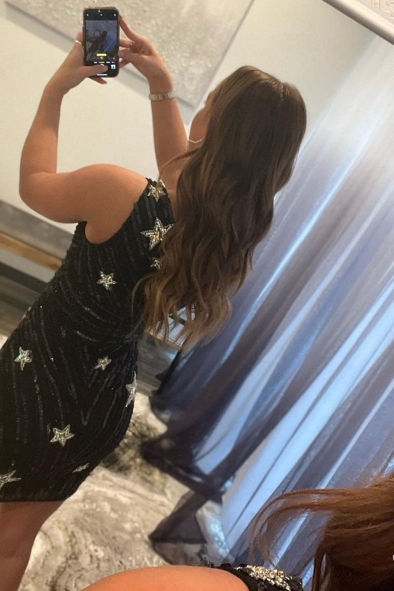 Load image into Gallery viewer, Sequins One Shoulder Black Short Homecoming Dress With Stars