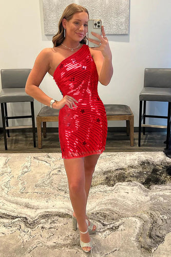 Sequins One Shoulder Red Short Homecoming Dress With Stars
