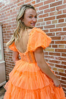 Load image into Gallery viewer, Orange Corset A-Line Tulle Long Prom Dress