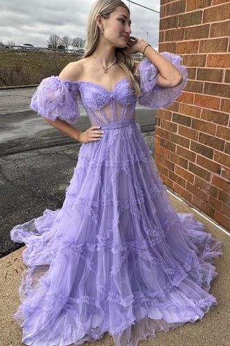A Line Tulle Off The Shoulder Corset Purple Prom Dress