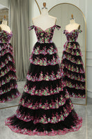 Load image into Gallery viewer, Glitter Black Pink A-Line Tiered Long Prom Dress With Lace