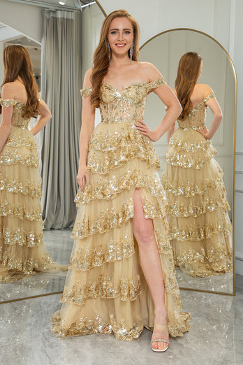 Sparkly Golden A Line Long Corset Prom Dress With Lace