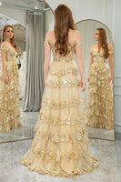 Load image into Gallery viewer, Sparkly Golden A Line Long Corset Prom Dress With Lace