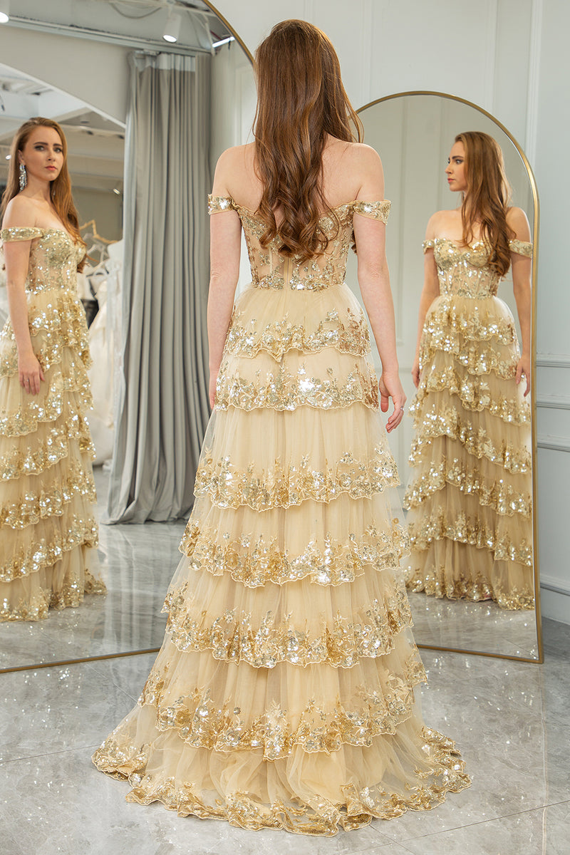 Load image into Gallery viewer, Sparkly Golden A Line Long Corset Prom Dress With Lace