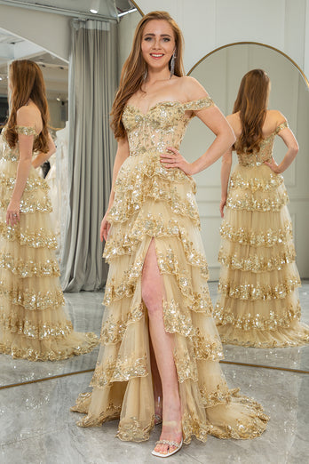 Sparkly Golden A Line Long Corset Prom Dress With Lace
