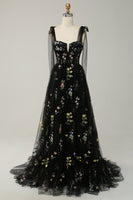 Load image into Gallery viewer, Floral Grey Blue Embroidery A Line Corset Long Prom Dress
