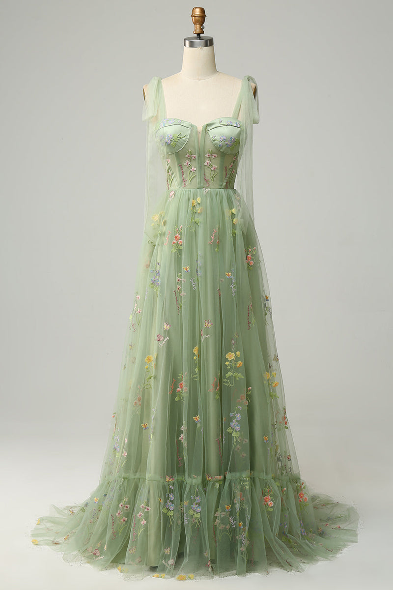 Load image into Gallery viewer, A-Line Grey Blue Princess Prom Dress With Embroidery