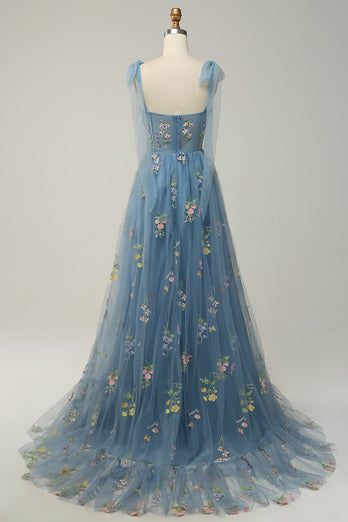 A-Line Grey Blue Princess Prom Dress With Embroidery