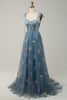 Load image into Gallery viewer, Floral Grey Blue Embroidery A Line Corset Long Prom Dress