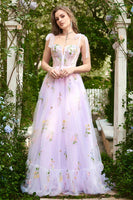 Load image into Gallery viewer, Lavender A Line Spaghetti Straps Long Corset Prom Dress With Embroidery