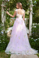 Load image into Gallery viewer, Lavender A Line Spaghetti Straps Long Corset Prom Dress With Embroidery