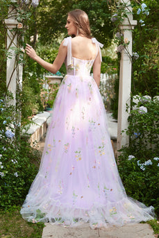 Lavender A Line Spaghetti Straps Long Corset Prom Dress With Embroidery