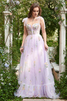 Load image into Gallery viewer, Lavender A Line Spaghetti Straps Long Corset Prom Dress With Embroidery