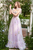 Load image into Gallery viewer, Lavender A Line Spaghetti Straps Long Corset Prom Dress With Embroidery