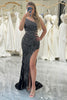 Load image into Gallery viewer, Black Sequins One Shoulder Cut Out Prom Dress