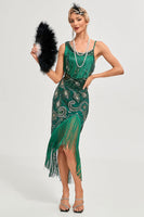 Load image into Gallery viewer, Queendancer Women&#39;s  Sparkly Roaring 20s Sequins Dress Green Spaghetti Straps Gatsby Fringed Flapper Dress