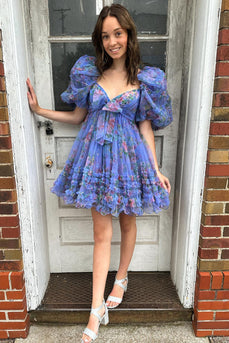 A-Line Sweetheart Puff Sleeves Dark Blue Floral Short Homecoming Dress with Ruffles