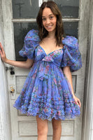 Load image into Gallery viewer, A-Line Sweetheart Puff Sleeves Dark Blue Floral Short Homecoming Dress with Ruffles