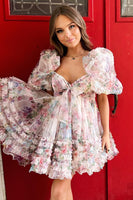 Load image into Gallery viewer, A-Line Sweetheart Puff Sleeves Dark Blue Floral Short Homecoming Dress with Ruffles