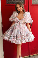 Load image into Gallery viewer, A-Line Sweetheart Puff Sleeves Dark Blue Floral Short Homecoming Dress with Ruffles