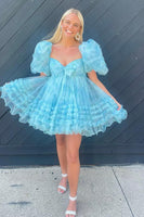 Load image into Gallery viewer, A-Line Sweetheart Puff Sleeves Light Pink Floral Short Homecoming Dress with Ruffles