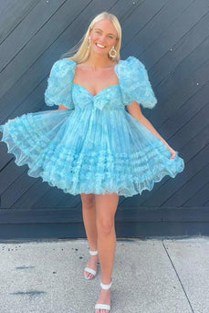 A-Line Sweetheart Puff Sleeves Blue Floral Short Homecoming Dress with Ruffles