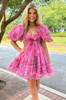 Load image into Gallery viewer, A-Line Sweetheart Puff Sleeves Dark Blue Floral Short Homecoming Dress with Ruffles