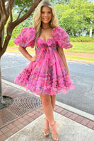 Load image into Gallery viewer, A-Line Sweetheart Puff Sleeves Dark Blue Floral Short Homecoming Dress with Ruffles