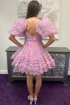 A-Line Sweetheart Puff Sleeves Light Pink Floral Short Homecoming Dress with Ruffles