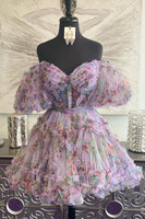 Load image into Gallery viewer, Pink Tulle Puff Sleeves Floral Printed Homecoming Dress