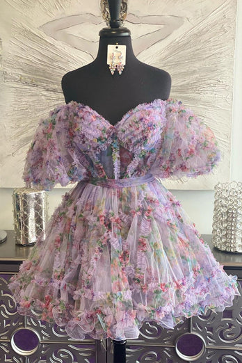 Pink Tulle Puff Sleeves Floral Printed Homecoming Dress