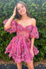 Load image into Gallery viewer, Ivory Tulle Puff Sleeves Floral Printed Homecoming Dress