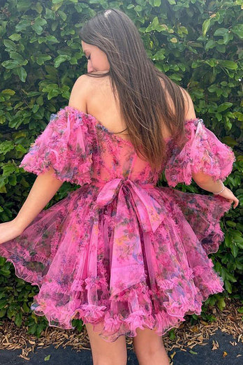 Ivory Tulle Puff Sleeves Floral Printed Homecoming Dress
