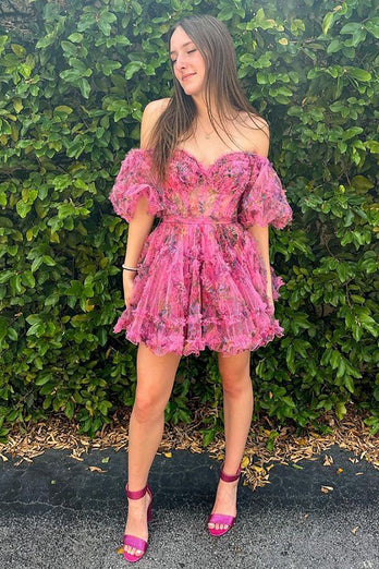 Ivory Tulle Puff Sleeves Floral Printed Homecoming Dress