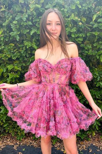 Ivory Tulle Puff Sleeves Floral Printed Homecoming Dress