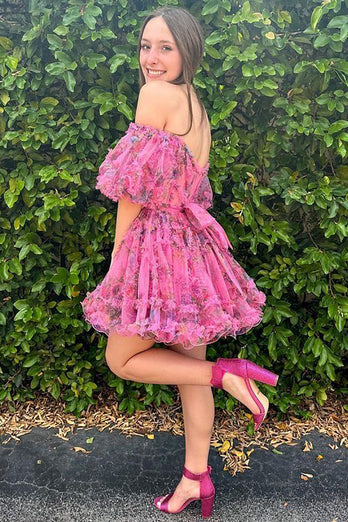 Ivory Tulle Puff Sleeves Floral Printed Homecoming Dress