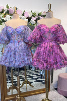 Load image into Gallery viewer, Pink Tulle Puff Sleeves Floral Printed Homecoming Dress