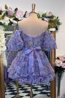 Load image into Gallery viewer, Pink Tulle Puff Sleeves Floral Printed Homecoming Dress