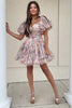 Load image into Gallery viewer, Pink Tulle Puff Sleeves Floral Printed Homecoming Dress