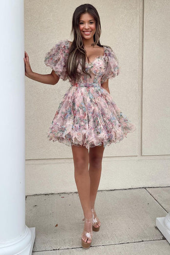 Ivory Tulle Puff Sleeves Floral Printed Homecoming Dress