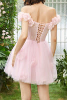 Load image into Gallery viewer, Pink Off the Shoulder Corset Homecoming Dress With Flowers