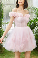 Load image into Gallery viewer, Pink Off the Shoulder Corset Homecoming Dress With Flowers
