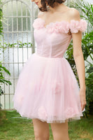 Load image into Gallery viewer, Pink Off the Shoulder Corset Homecoming Dress With Flowers