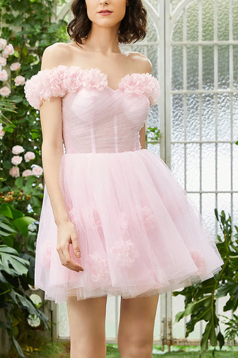 Pink Off the Shoulder Corset Homecoming Dress With Flowers