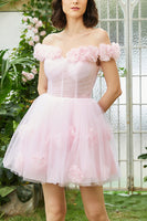 Load image into Gallery viewer, Pink Off the Shoulder Corset Homecoming Dress With Flowers